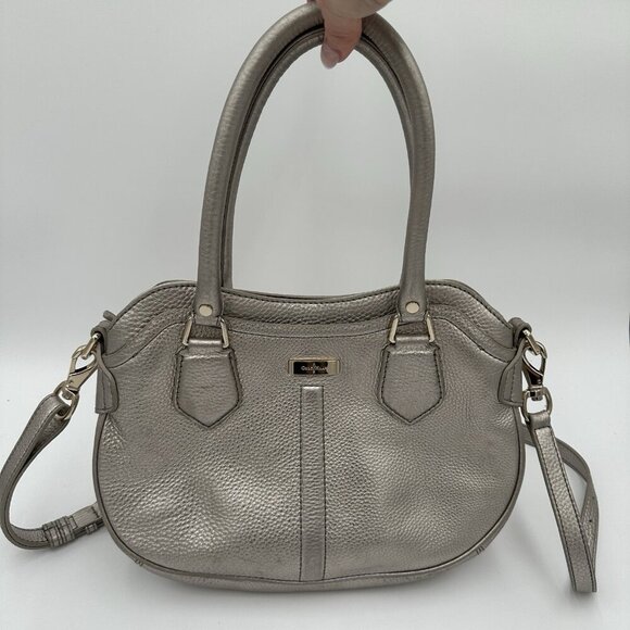 Cole Hann Silver Pebbled Leather Purse Handbag Multi-pockets Satin Pink Lining - Picture 1 of 11